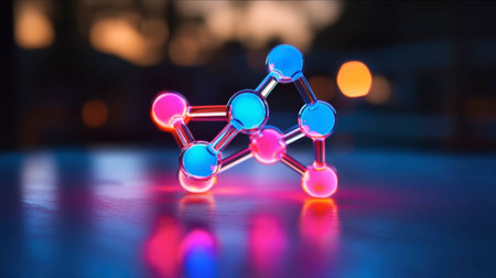 A vibrant molecular structure model showcasing colorful spheres and bonds, set against a softly lit background, representing the beauty of science.の素材