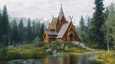 A stunning wooden structure nestled in a tranquil forest, surrounded by mountains and a serene river. Perfect for nature lovers and architecture enthusiasts.の素材