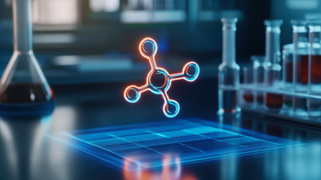 A futuristic view of a molecular structure displayed digitally in a laboratory, showcasing the intersection of science and technology in modern research.の素材