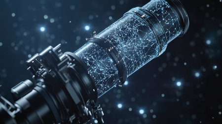 A creative representation of a camera lens infused with a digital network, showcasing a blend of technology and art against a dark backdrop.の素材