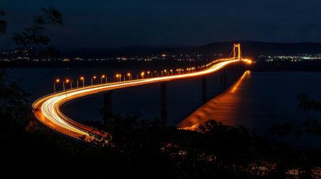 A stunning view of an illuminated bridge stretching over water at night. The light trails from vehicles capture the essence of urban journeys under a twilight sky.の素材