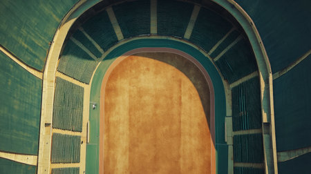 An aerial view showcasing an empty sports stadium arena with a textured surface. The vibrant colors and geometric design provide a unique perspective of this recreational facility.の素材