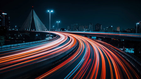 A stunning urban night scene showcasing vibrant light trails from moving vehicles, capturing the dynamic energy of city life beneath a modern bridge.の素材