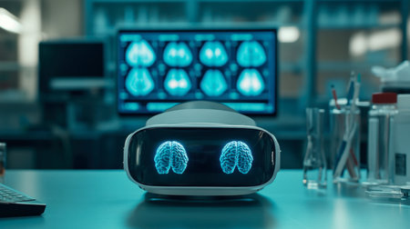 Explore a captivating image of advanced technology for brain research in a modern laboratory, showcasing virtual reality equipment and data analysis tools.の素材