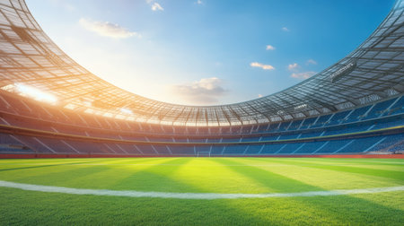 A wide-angle view of an empty stadium under a sunny sky, showcasing vibrant green grass and modern architectural design, perfect for sports events and outdoor activities.の素材