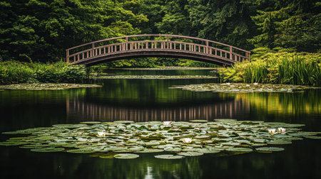 A serene garden scene featuring a wooden bridge over a tranquil pond adorned with lily pads, reflecting the lush greenery and peaceful surroundings.の素材