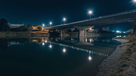 A tranquil night scene featuring a well-lit bridge over calm water, with reflections enhancing the serene ambiance. Ideal for illustrating urban architecture and nighttime beauty.の素材