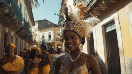A joyful festival scene capturing vibrant culture and lively traditions. Participants in colorful costumes celebrate unity and heritage in a beautiful urban setting.の素材