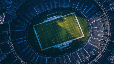 Stunning aerial view of an empty sports stadium showcasing a well-maintained field, surrounded by seating and modern architecture in daylight.の素材