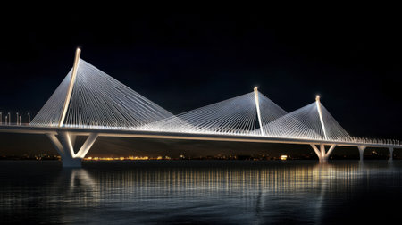 A stunning modern bridge illuminated at night, showcasing elegant design and reflective water. This architectural marvel highlights urban beauty and engineering excellence.の素材
