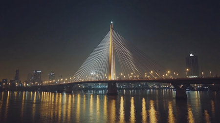 A stunning night view of a bridge illuminated by city lights, reflecting beautifully on calm water. Perfect for urban and travel themes.の素材