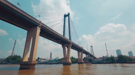 A stunning view of a modern bridge spanning a river, with a vibrant blue sky and fluffy clouds. This image captures urban beauty and engineering marvels.の素材
