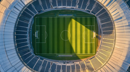 Captivating aerial view of a modern soccer stadium field, showcasing vibrant grass lines and an empty arena illuminated by daylight shadows.の素材