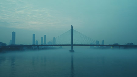 A serene view of a bridge over a foggy river, featuring modern skyscrapers in the background. The atmosphere captures tranquility and urban beauty at dawn.の素材
