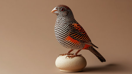 This captivating image features a zebra finch perched on a smooth surface, highlighting its intricate feather patterns and vibrant colors, perfect for nature lovers and bird enthusiasts.の素材