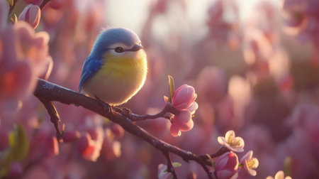 A delightful bluebird rests gracefully on a branch surrounded by vibrant pink blossoms, symbolizing the essence of spring and the beauty of the natural world at sunset.の素材