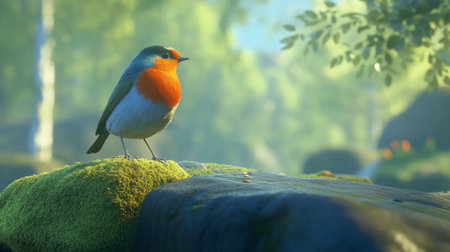 A charming bird with vibrant plumage stands gracefully on a mossy stone, surrounded by a lush green environment, capturing the serene beauty of nature in soft, magical light.の素材