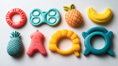 Brightly colored teething toys designed for infants, featuring playful shapes like pineapple and banana, encouraging sensory exploration and oral comfort during teething.の素材