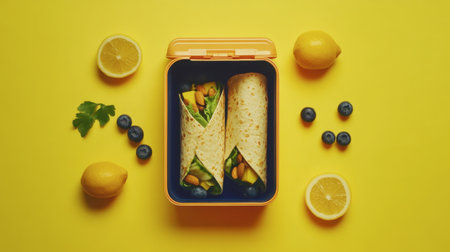 A vibrant lunchbox featuring healthy wraps neatly arranged with fresh ingredients, complemented by blueberries and lemons on a bright yellow background, ideal for meal prep.の素材