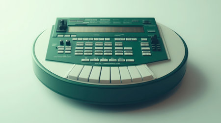 A visually striking vintage green sampler machine featuring a keyboard and controls, ideal for music production, sound design, and artistic projects. Perfect for creatives.の素材