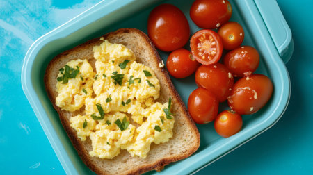 A vibrant and freshly prepared meal featuring scrambled eggs on toast accompanied by bright cherry tomatoes. Perfect for a healthy breakfast or lunch option.の素材