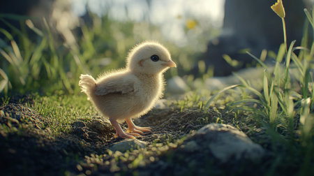 A fluffy yellow chick explores its natural surroundings in soft light, symbolizing spring and new beginnings, perfect for capturing the beauty of wildlife and innocence in nature.の素材