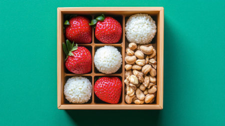 An artistic arrangement of fresh strawberries, chewy coconut balls, and crunchy walnuts placed in a wooden box on a green background, ideal for promoting healthy snacks and vibrant food presentations.の素材