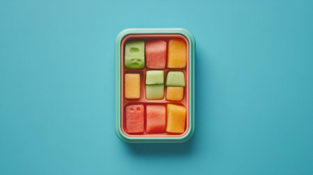 A visually appealing arrangement of colorful fruit cubes in a container, showcasing vibrant segments of watermelon, melon, and other fruits against a bright blue background.の素材
