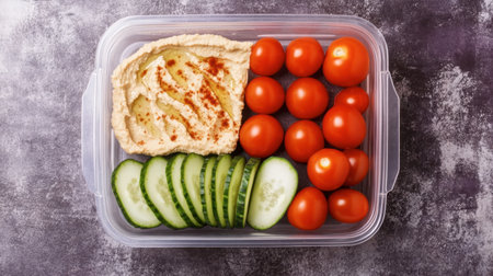 Fresh and colorful meal prep featuring hummus, cherry tomatoes, and cucumber slices, perfect for healthy snacks or balanced lunches. Ideal for nutrition-focused lifestyles.の素材