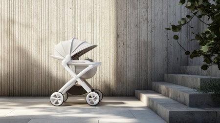 A sleek and modern baby stroller sits on a concrete surface, surrounded by minimalist architecture and soft light, ideal for contemporary parenting and stylish mobility.の素材