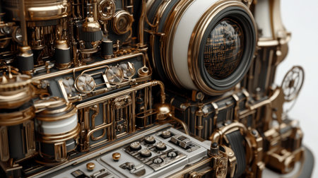 Explore a stunning steampunk machine adorned with intricate pipes and gadgets, showcasing a unique blend of retro and futuristic design elements perfect for creative projects.の素材