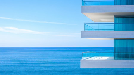 A stunning modern apartment building showcases sleek glass balconies that extend towards the tranquil blue sea, offering an idyllic escape just steps from nature and serenity.の素材