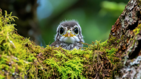 A charming young bird peeks out from its moss-covered nest on a tree, showcasing its bright eyes and fluffy feathers in a serene forest setting.の素材