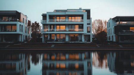 Captivating view of a modern apartment complex by the water, showcasing sleek architecture and stunning reflections during sunset, creating a serene urban atmosphere.の素材