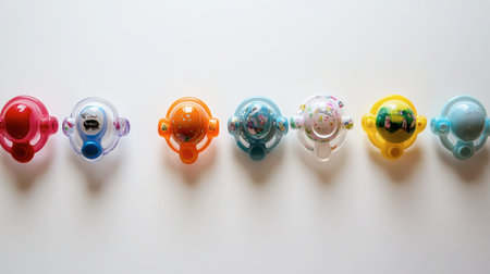 A vibrant collection of colorful infant pacifiers, showcasing unique designs perfect for baby care, nursery settings, and promoting infant comfort and wellbeing.の素材