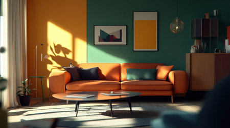 Bright and inviting living room showcasing a modern orange sofa, colorful wall art, and stylish decor, illuminated by natural light for a warm and welcoming atmosphere.の素材