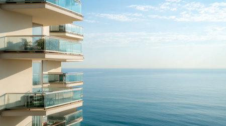 A modern balcony design featuring glass railings offers a breathtaking view of the calm ocean, perfect for relaxing moments in a serene coastal setting.の素材