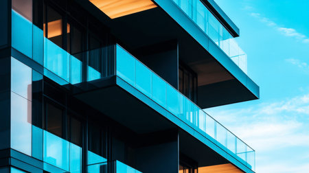 This image showcases a modern architectural masterpiece with sleek black balconies and reflective glass surfaces against a vibrant blue sky, embodying urban elegance and contemporary design.の素材