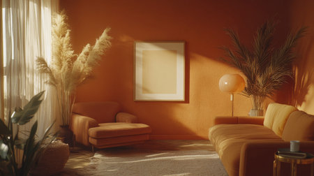 A warm and inviting interior featuring orange walls, elegant furniture, and natural elements, creating a stylish and serene living space filled with soft light and comfort.の素材