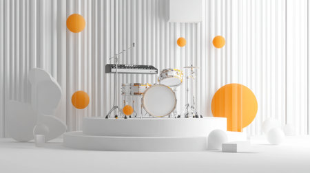 A captivating stage design showcasing a drum kit and keyboard surrounded by colorful geometric shapes, perfect for music events, artistic projects, and modern presentations.の素材