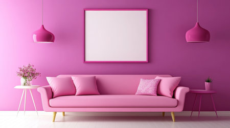 A modern living room showcasing a vibrant pink sofa, chic pendant lights, and a blank frame against a lively pink wall, perfect for personalization and stylish dの素材