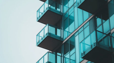 A striking view of modern residential architecture showcasing glass balconies and a slick facade, emphasizing contemporary urban living and design aesthetics.の素材