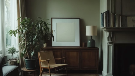 A serene living room scene showcasing minimalist decor with lush indoor plants, a stylish lamp, and a wooden cabinet, creating a cozy and inviting atmosphere.の素材