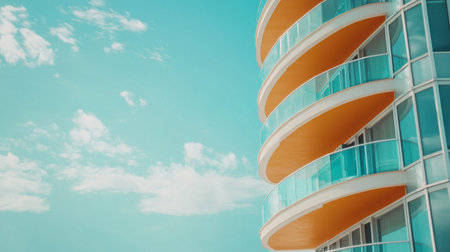 A stunning example of modern architecture featuring curved glass balconies with vibrant orange accents. This image captures a bright sky with soft clouds, emphasizing contemporary design.の素材