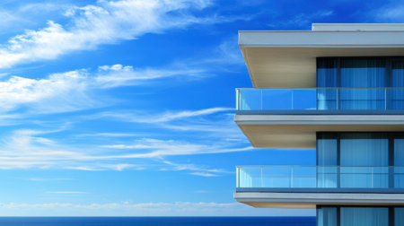 A stunning view of a modern coastal building featuring glass balconies, set against a bright blue sky and ocean, capturing elegance and tranquility in architectural design.の素材