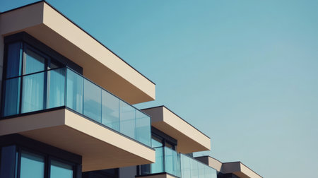 A stunning view of a modern residential building featuring sleek glass balconies and a clear blue sky, highlighting contemporary architectural design in an urban setting.の素材