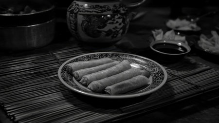 A close-up of traditional spring rolls neatly arranged on a decorative plate, highlighting the elegance of Asian cuisine in a cozy, dimly lit environment.の素材