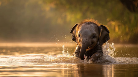 A delightful young elephant enjoys a playful splash in a tranquil river, surrounded by lush greenery and soft mist, showcasing the innocence and joy of wildlife in nature.の素材