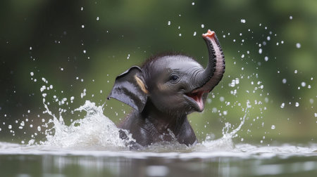 A vibrant scene of a baby elephant joyfully splashing in water, capturing the essence of playful innocence in a lush natural environment during summer activities.の素材