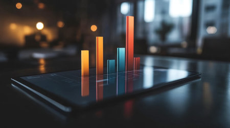 A vibrant digital tablet displays colorful charts showcasing data visualization in a modern office setting, ideal for business analysis and insights.の素材